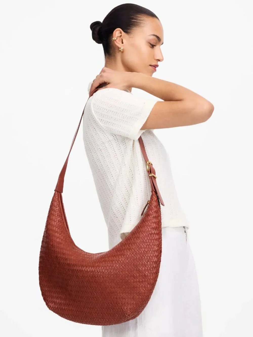 Madewell The Essential Curve Shoulder Bag Woven Leather Dusty Redwood NEW